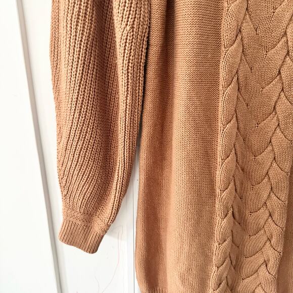 Caroline Constas Cable Knit Wool Sweater Dress Camel Tan Mock Neck Medium Cozy - Picture 6 of 13